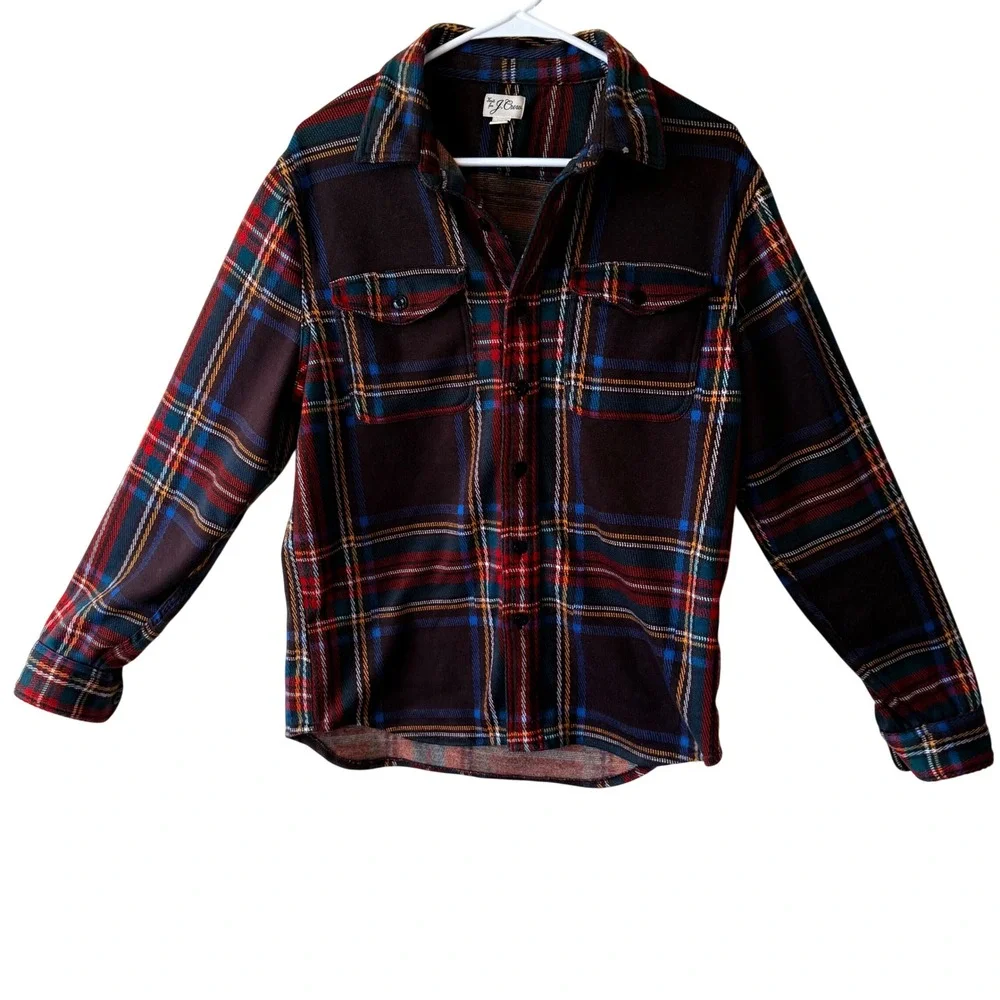 J. Crew Mens M Brown Plaid Knit Button Down Shirt Flannel Gorpcore Hiking outdoo